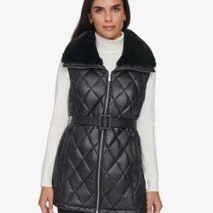 NWT Calvin Klein Black Quilted Vest with Faux Fur Collar